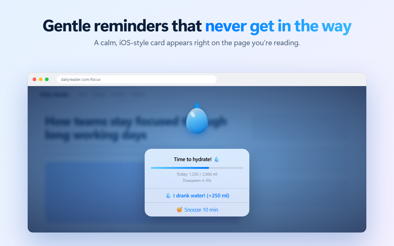 The Water Break reminder card over a web page