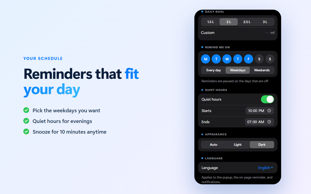Settings in dark mode: weekdays and quiet hours